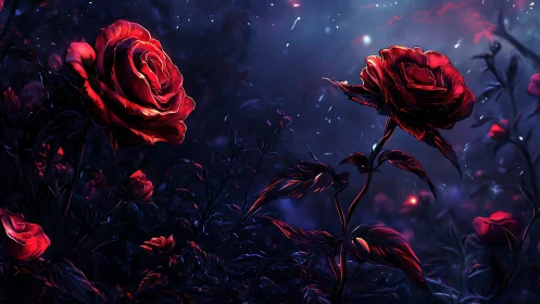 Red Roses in Dark Night Sky with Luminous Particle Effects