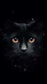 Black cat with golden eyes against dark background.