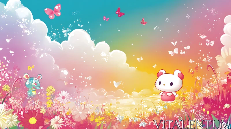 Cartoon animals stand in a colorful flower meadow landscape