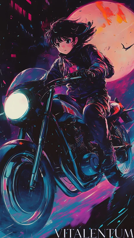 Neon-lit biker races under crimson moon in stylized anime city.