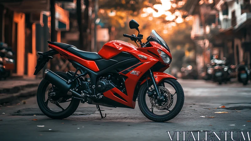 Red sport motorcycle stands poised on a quiet urban street.