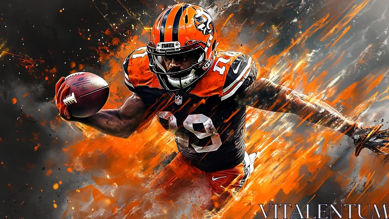 Explosive football runner bursting through blazing colors.