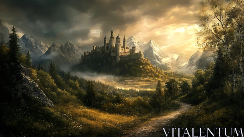 Golden mountain castle at the end of a winding path.