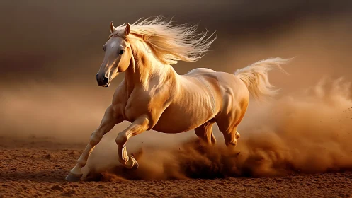 Golden desert stallion racing through swirling evening dust.