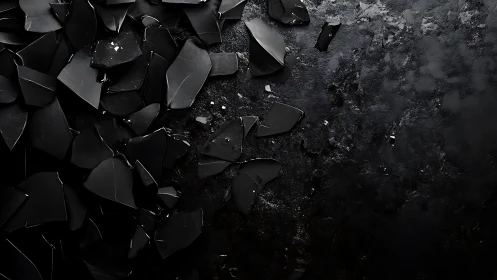 Broken black ceramic shards on textured dark surface.