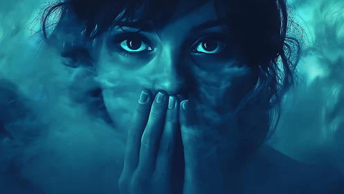Blue-toned digital portrait of startled woman in swirling smoke