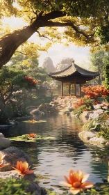 Traditional pavilion beside reflective pond in lush garden.