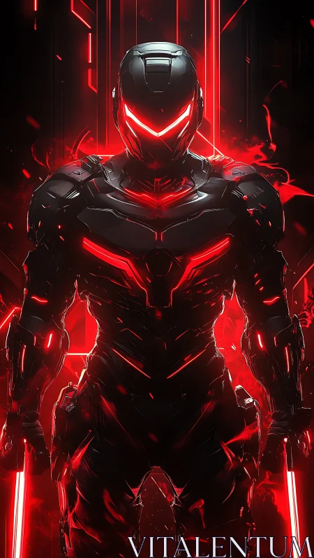 Armored humanoid figure with red illuminated exosuit details.