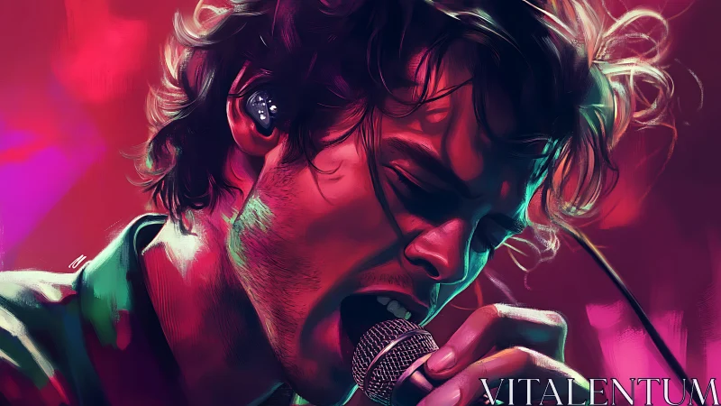 Dynamic close-up digital portrait of singer under neon concert light