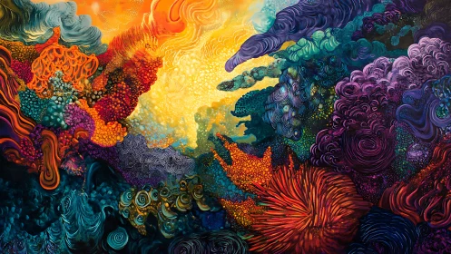 Layered abstract composition with dense organic clusters.