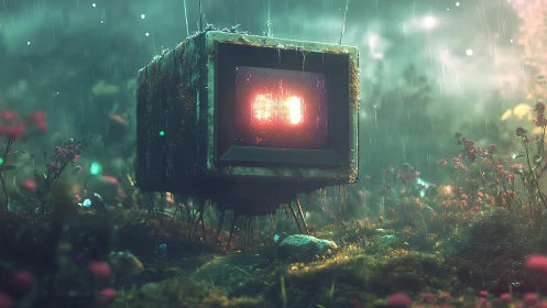 Weathered cube monitor in misty overgrown forest clearing.