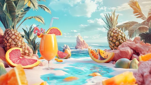 Sunlit tropical cocktail oasis framed by vivid citrus seascape.