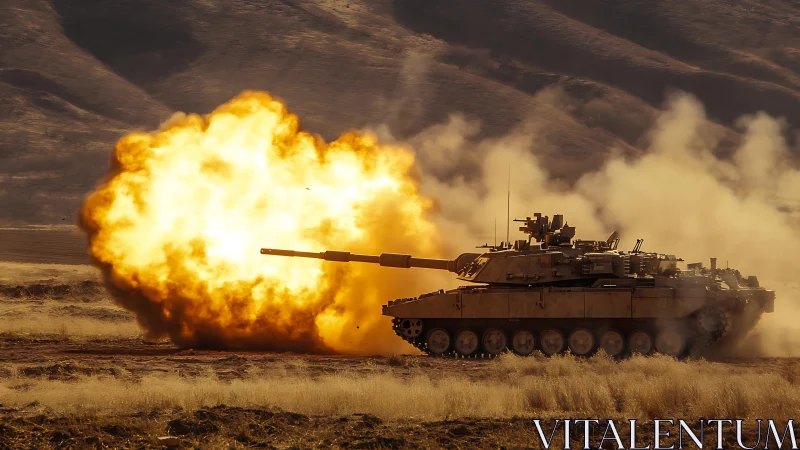 Military Tank Firing with Massive Explosion in Desert
