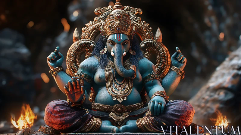 3D blue elephant-headed deity in ornate seated meditation pose