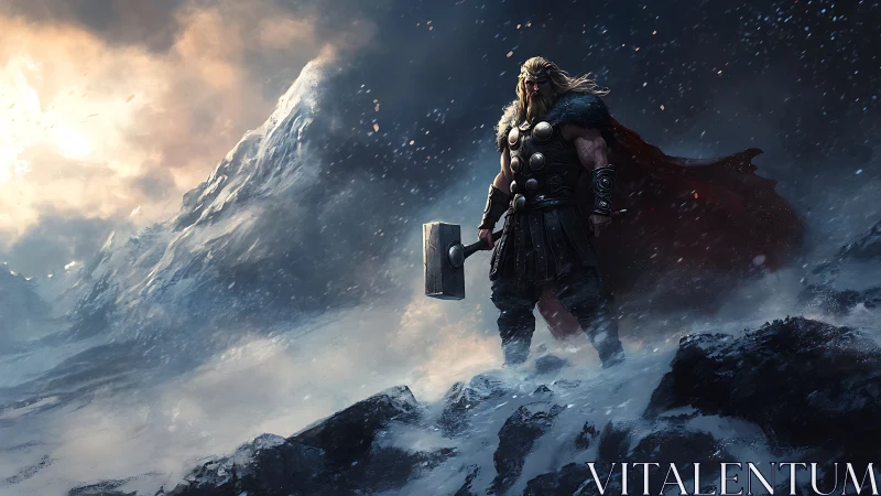 Epic warrior silhouette in storm-lashed alpine environment.