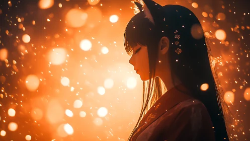 Fox-eared girl in glowing bokeh, side-profile silhouette.