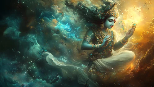 Divine blue-skinned figure floats amid swirling cosmic clouds