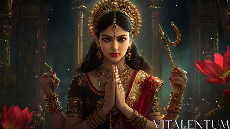 Digital goddess portrait with ornate jewelry and ritual trident