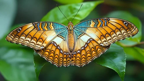 Butterfly wings display intricate orange and teal patterns.