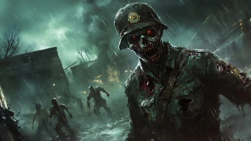 Undead soldier lunging through rain-soaked war ruins.