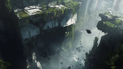 Post-apocalyptic vertical city chasm overgrown with foliage.