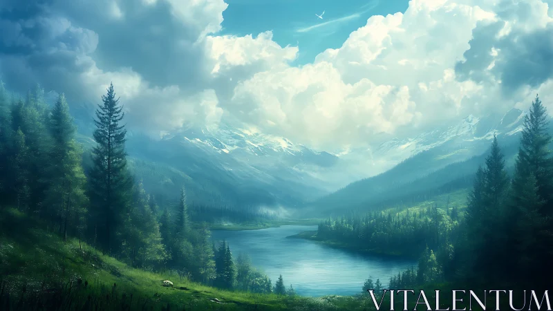 Digital alpine lake valley under towering summer clouds.