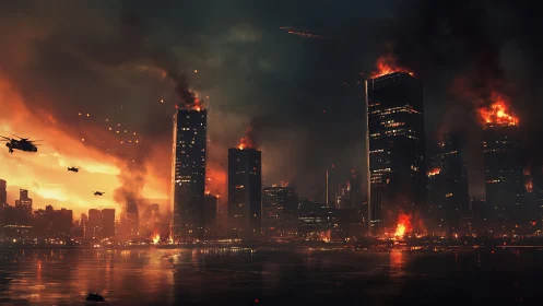 Firestorm skyline under siege by dusk-blackened warbirds.