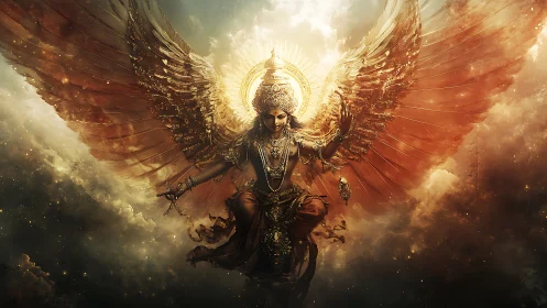 Winged deity figure centered within luminous cloud field