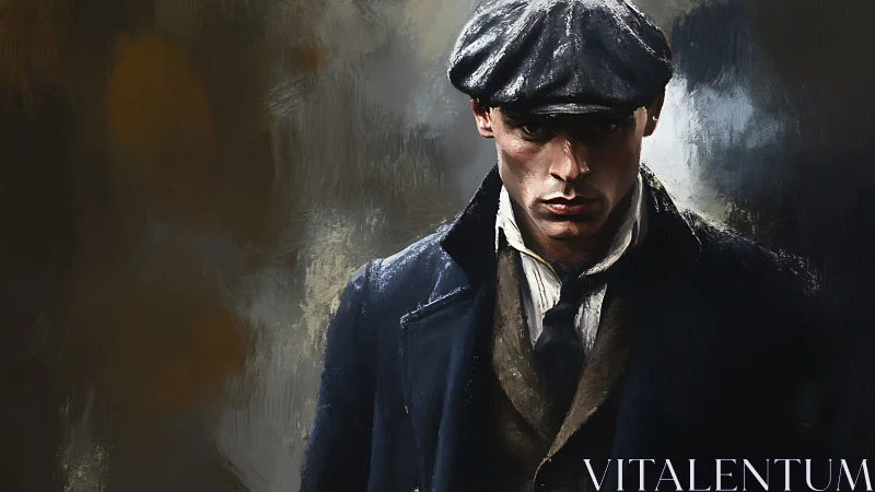 Man in flat cap stands in dark coat against blurred backdrop