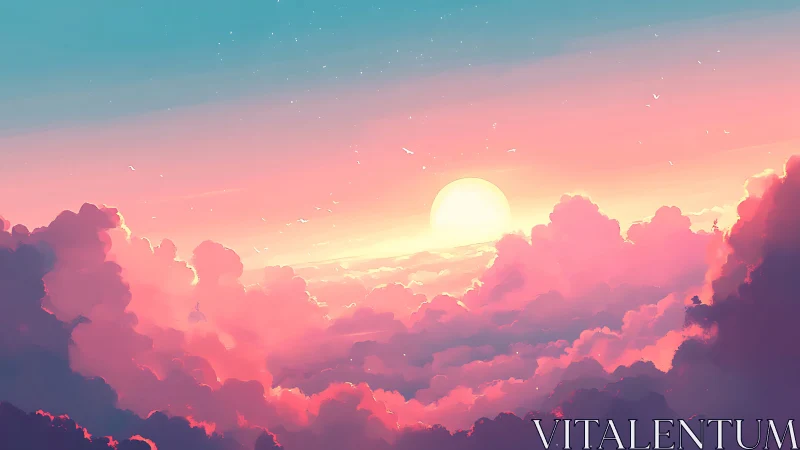 Sunset above soft cloudscape in pastel sky tones.