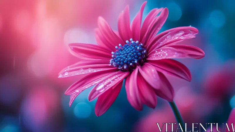Vibrant Pink Daisy with Dewdrops Against Blurred Blue Background