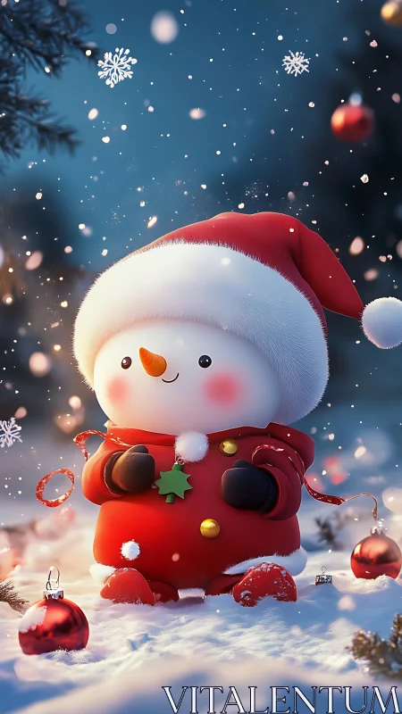 Snowman in red coat among snowflakes and ornaments.