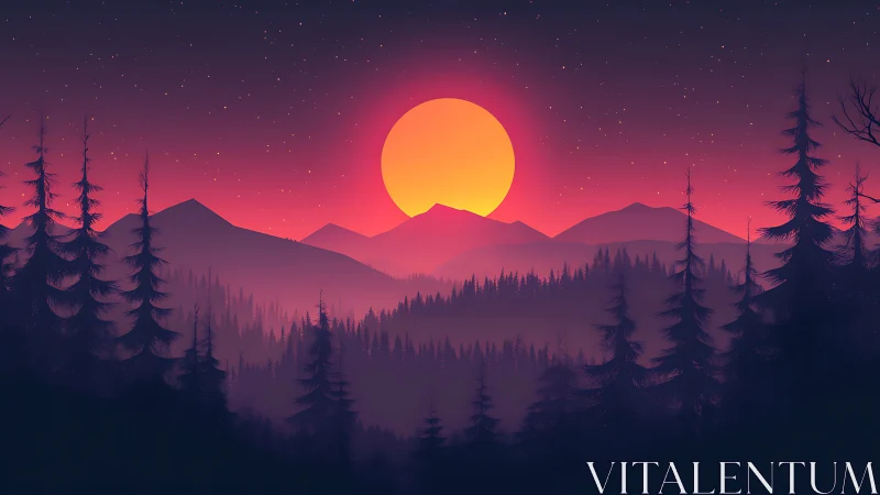 Radiant neon sunset sinks behind misty pine mountains