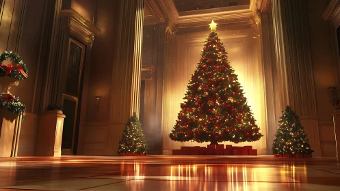 Grand hall Christmas tree glowing with warm festive lights.