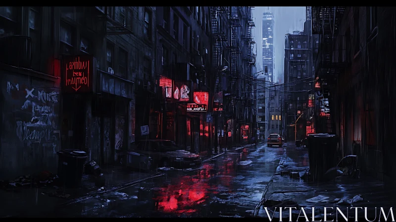 Rain-soaked cyberpunk alley with neon signage and wet asphalt