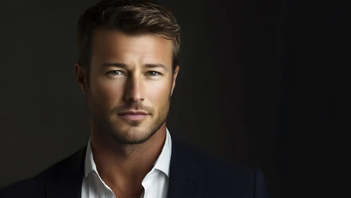 Studio headshot renders a confident male subject in chiaroscuro