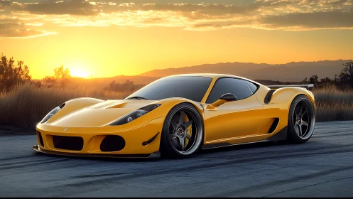 Golden supercar prowls the sunset highway in molten light.