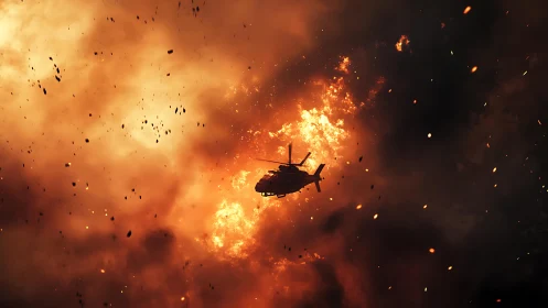 Combat helicopter silhouetted against dense volumetric explosion