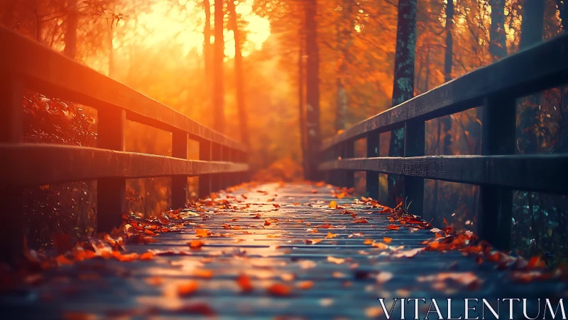 Autumn boardwalk recedes into warm backlit forest glow