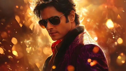 Smoldering portrait of man in sunglasses amid amber bokeh.