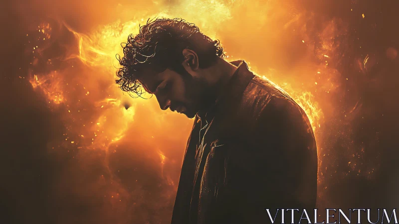 Backlit male silhouette immersed in cinematic fiery bokeh glow.