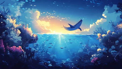 Whale shark swims above coral reef under bright sunset light