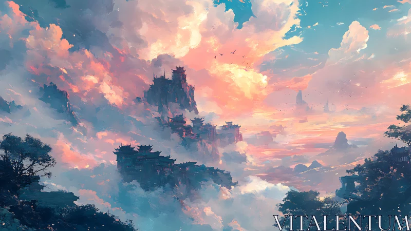 Vertical cloudscape reveals layered mountain temples at dawn