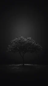 Solitary tree under spotlight in moody nocturnal darkness.