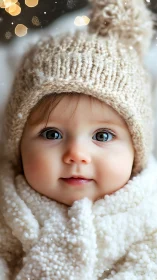 Winter-Bundled Baby with Warm Beige Knit Hat and Gentle Eyes