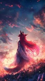 Fox-eared character stands in dusk field beneath clouded sky