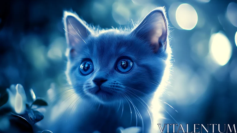 Luminous Blue Cat Portrait. Enchanted Night.