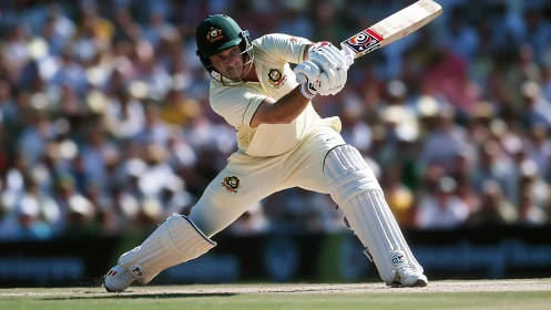 Cricket batsman carves a fierce cover drive through sunlit crowd