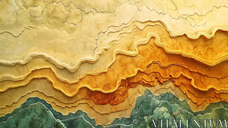 Layered abstract landscape in warm ochre and green tones.