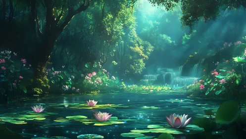 Iridescent woodland pond with lotus blooms and tiered cascades